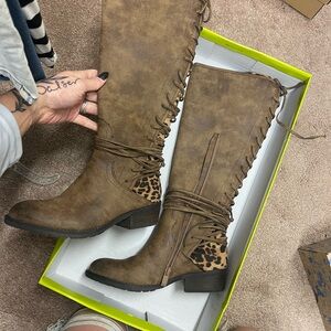 Volatile Tan Lace-Up Boots with Leopard Detail